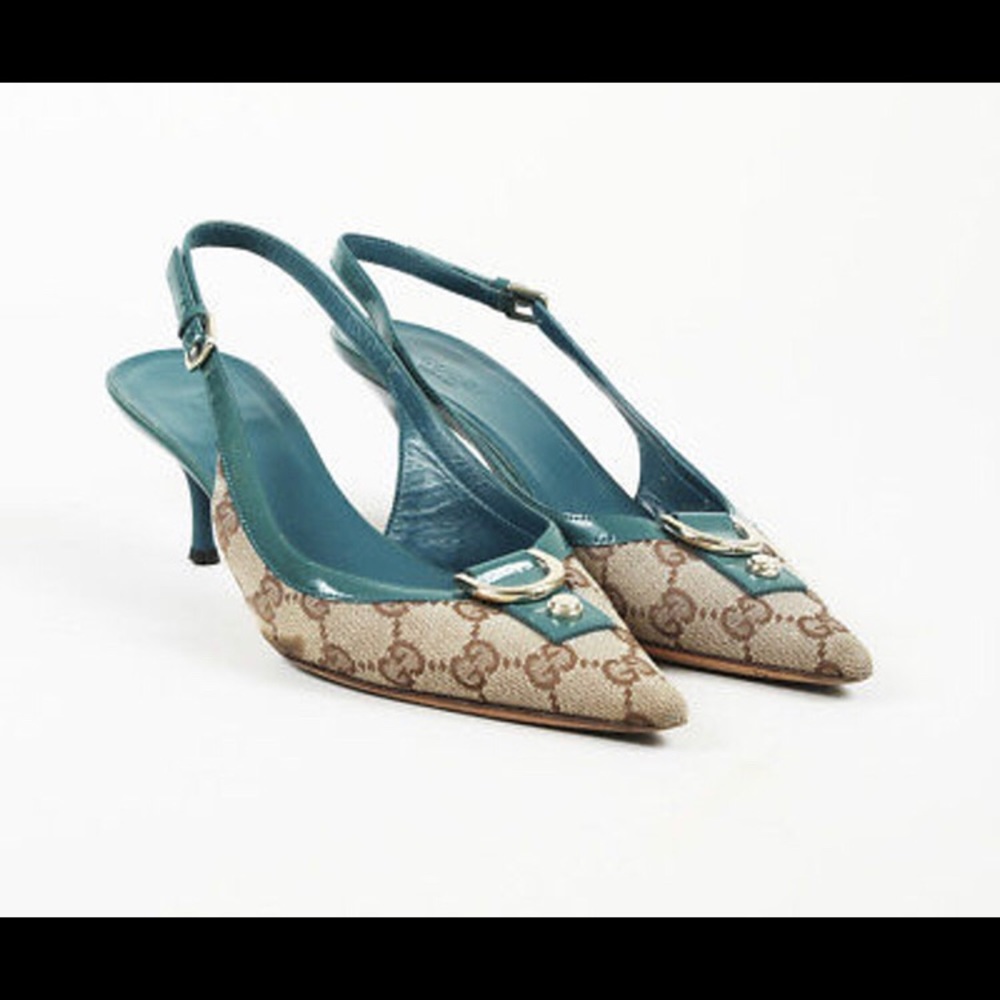 Gucci canvas sling backs size 37 kitten heel